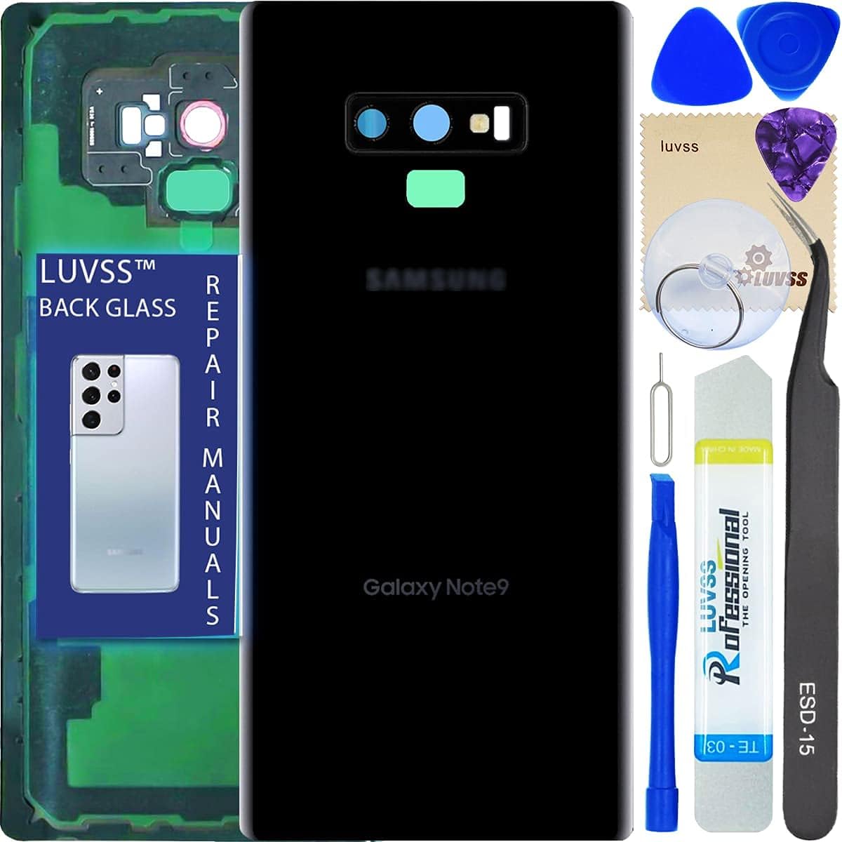 LUVSS Rear Glass Assembly for Samsung Galaxy Note 9 SM-N960 Back Glass Panel Cover Case Housing Replacement + Camera Lens + Repair Manual DIY Tools Kit (Midnight Black)