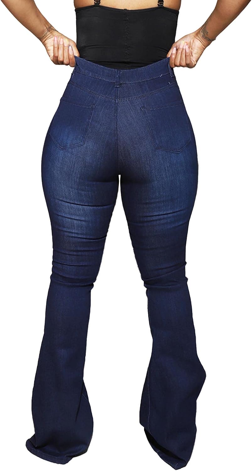 SEMATOMALA Women's Bodycon Denim Flared Leg Jeans Pants Heart Printed Color Contrast Slim Bell Bottom High Waist Trousers