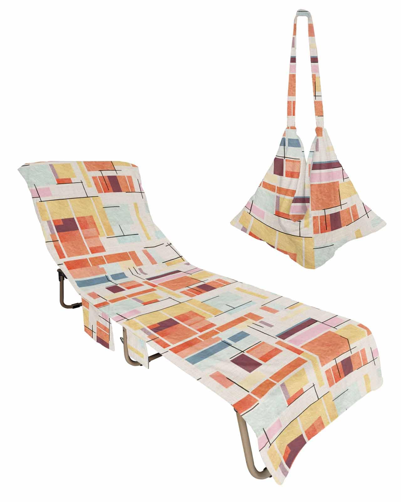 Contemporary Geometric Beach Lounge Chair Towel Cover, Soft Chaise Lounge Towel with Side Pockets Patio Pool Chairs Cover for Beach/Pool Sunbathing 29x85 Vintage Modern Abstract Art