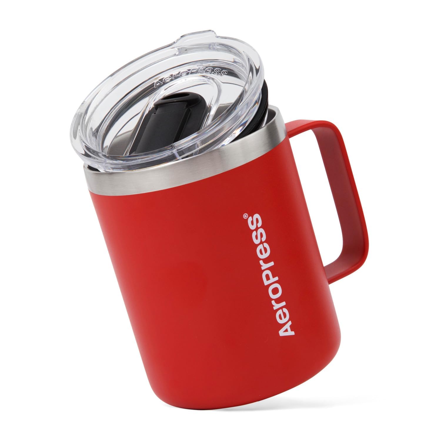 AeroPress Reise-Kaffeebecher mit Henkel, Doppelwandiger Edelstahl Vakuum-Isoliert mit Spritzwassergeschütztem Schiebedeckel, Geeignet für Heiße oder Kalte Getränke, Spülmaschinenfest, 12 oz, Rot