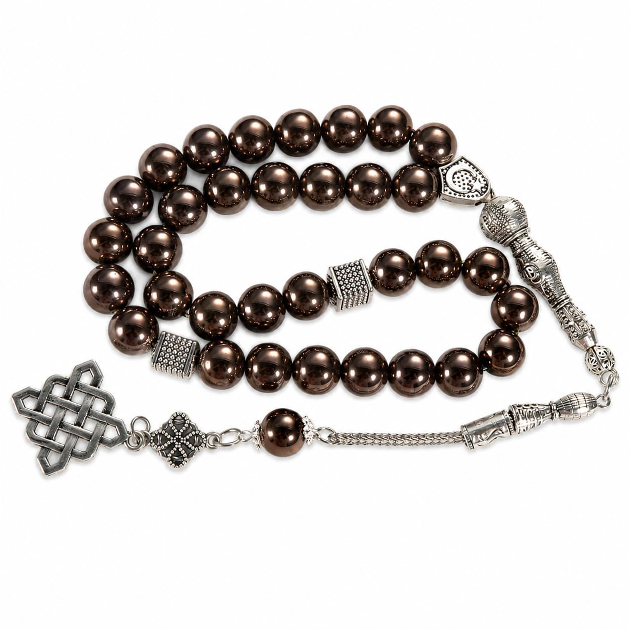 Hematite Tasbih 33 Beads Misbaha Prayer Beads with Slivery Tassel, Gift for Men Father Husband, Ramadan Eid Birthday Gift Box