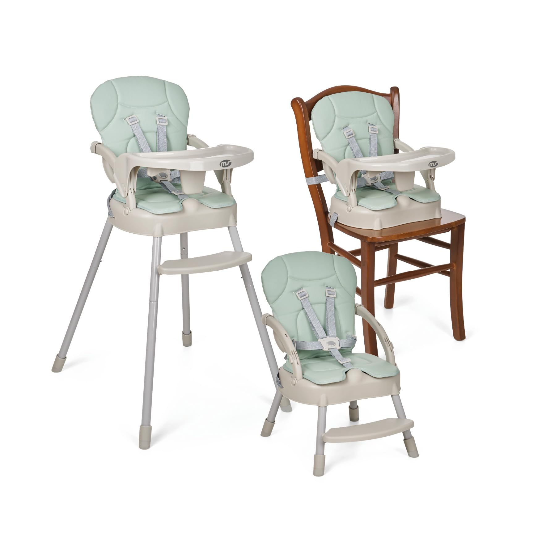MS - Trona para bebe BELLY Y SPOON - convertible en alzador y en silla- 3 en 1- Trona plegable MS con asiento acolchado (3 COLORES) - Portátil, estable y segura (BELLY VERDE)
