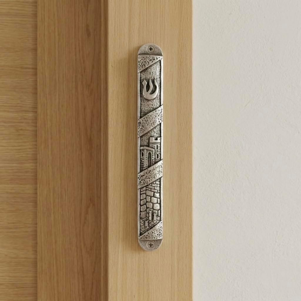 Made in Israel Hand Made Mezuzah for 5" with Printed Scroll Jerusalem Walls Engravings Bless Israel Jewish Zinc House Warming Gift Judaica Store Home Bless Gift Bat Mitzva Bar Mitzva (B)