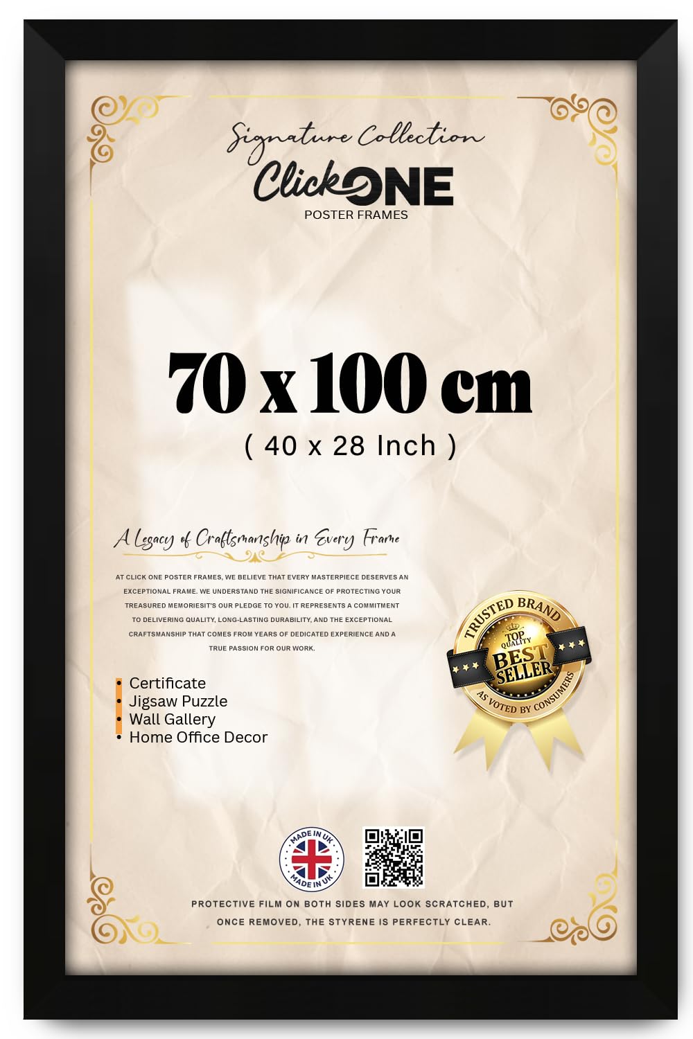 Click One — Contemporary (70 X 100 CM) Perspex Front Frame | Vertical Or Horizontal Display For Paintings And Photos | 40 X 28 Inch Matt Black Border For Wall Or Shelf Slim Edge With Wall Mount