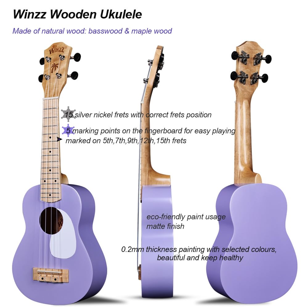 Winzz Ukulele Kinder Sopran, Ukulele Erwachsene Anfänger Set, 21 Zoll, mit 9 Zubehör, Kleine Einsteiger Kindergitarre 4 Saiten (Farbe: Violett, Holz)