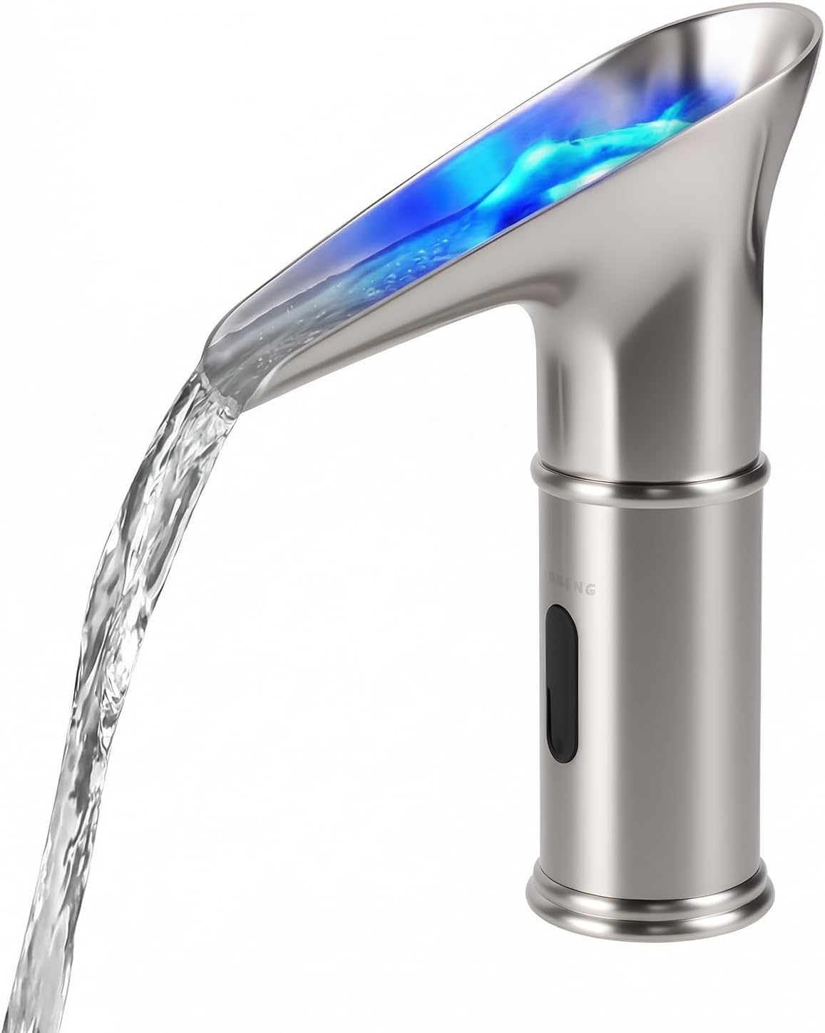 Gangang LED Waterfall Bathroom Touchless Faucet Brush Nickle Automatic Motion Sensor Lighted Colorful Water Tap Mixer with Control Box and Mixing Valve(LED Round Waterfall)