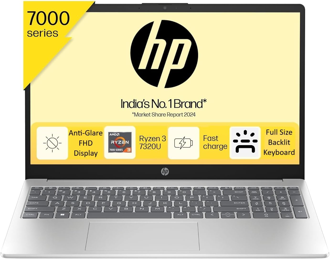 HP 15, AMD Ryzen 3 7320U (8GB DDR4 fc0026au, Backlit Keyboard Laptop