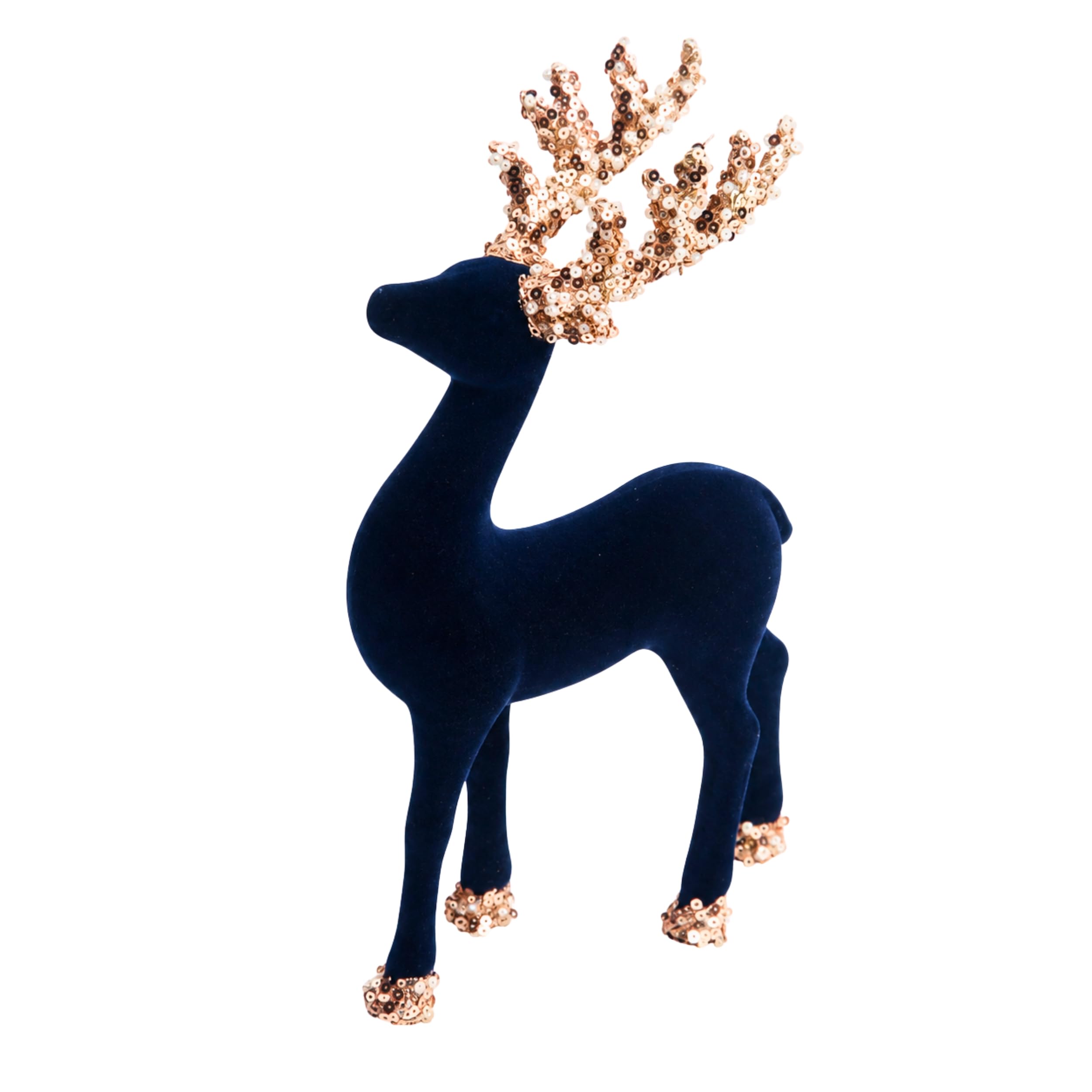 Christmas Velvet Reindeer Figurine 23cm Midnight Blue with Glitter Antlers