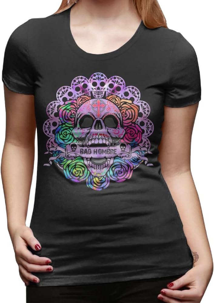 Mrissicoy Mexican Sugar Skull Rainbow Rose Women's Cotton T-Shirt Slim Fit Tee