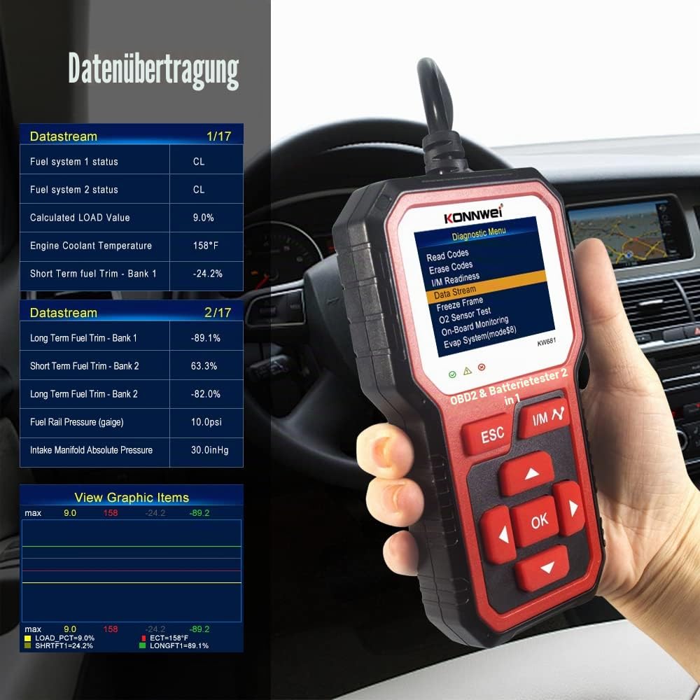KONNWEI KW681 OBD2 Diagnosegerät & 6V/12V Batterietester, 2-in-1 OBD2 Scanner mit Live-Daten, Fehlercode Auslesegerät, Motorprüfer, Auto-Diagnosetool für BMW VW Audi Benz SUV Alle OBDII Fahrzeugen