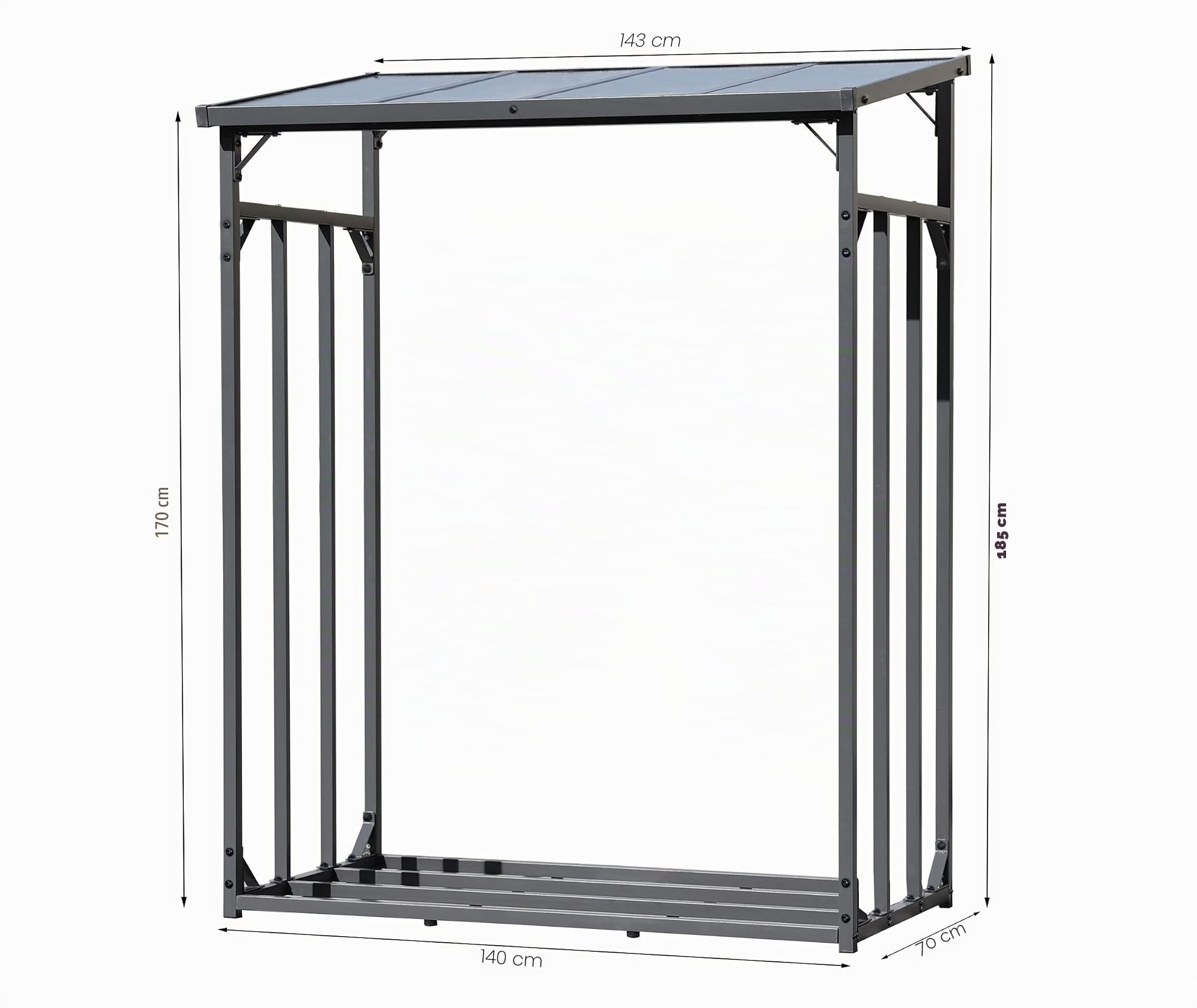 QUICK STAR Estante metálica para leña antracita 143 x 70 x 185 cm, soporte para leña de jardín, 1,8 m³/2,5SRM, soporte para apilar leña, para exteriores