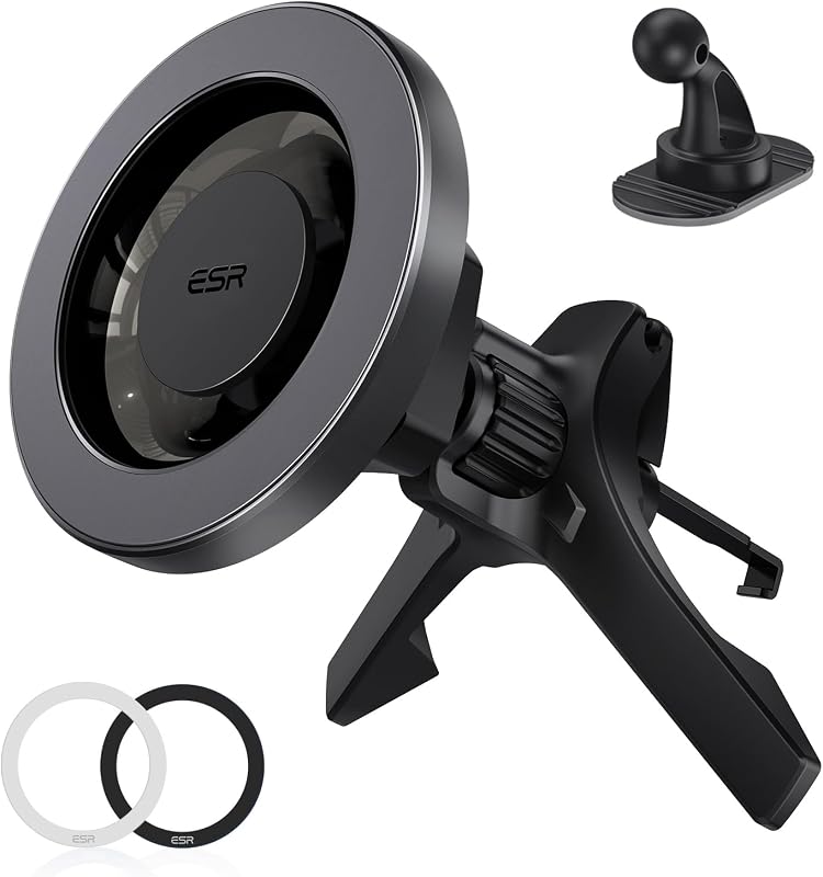 for MagSafe Car Mount, Car Phone Holder for iPhone 17-12,Samsung/Google | Magnetic Phone Holder for Air Vent/Dashboard, for All Smartphones(2 Metal Rings Included), Charging Not Supported, Black