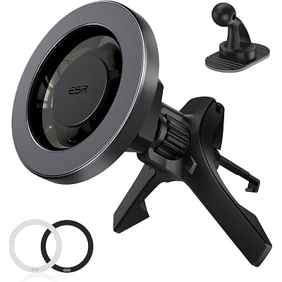 ESR for MagSafe Car Mount, Magnetic Phone Holder for Car Air Vent, Car Phone Holder Mount for iPhone 17e/17/16/16e/15/14/13/12/Samsung, All Smartphones(2 Metal Rings Included),Charging Not Supported