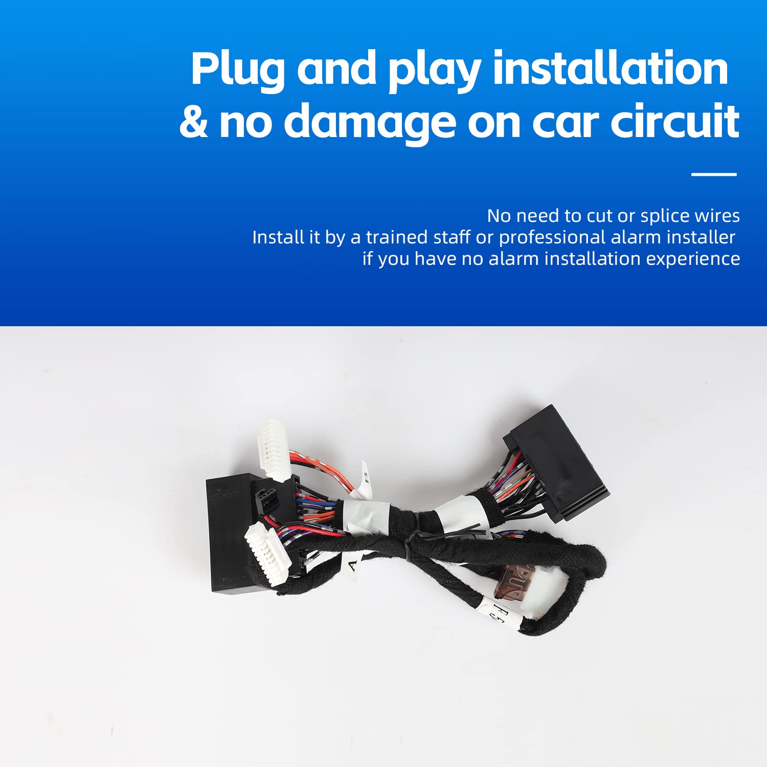 Wiring harness components for the plug and play installation, showing connectors without cut wires.