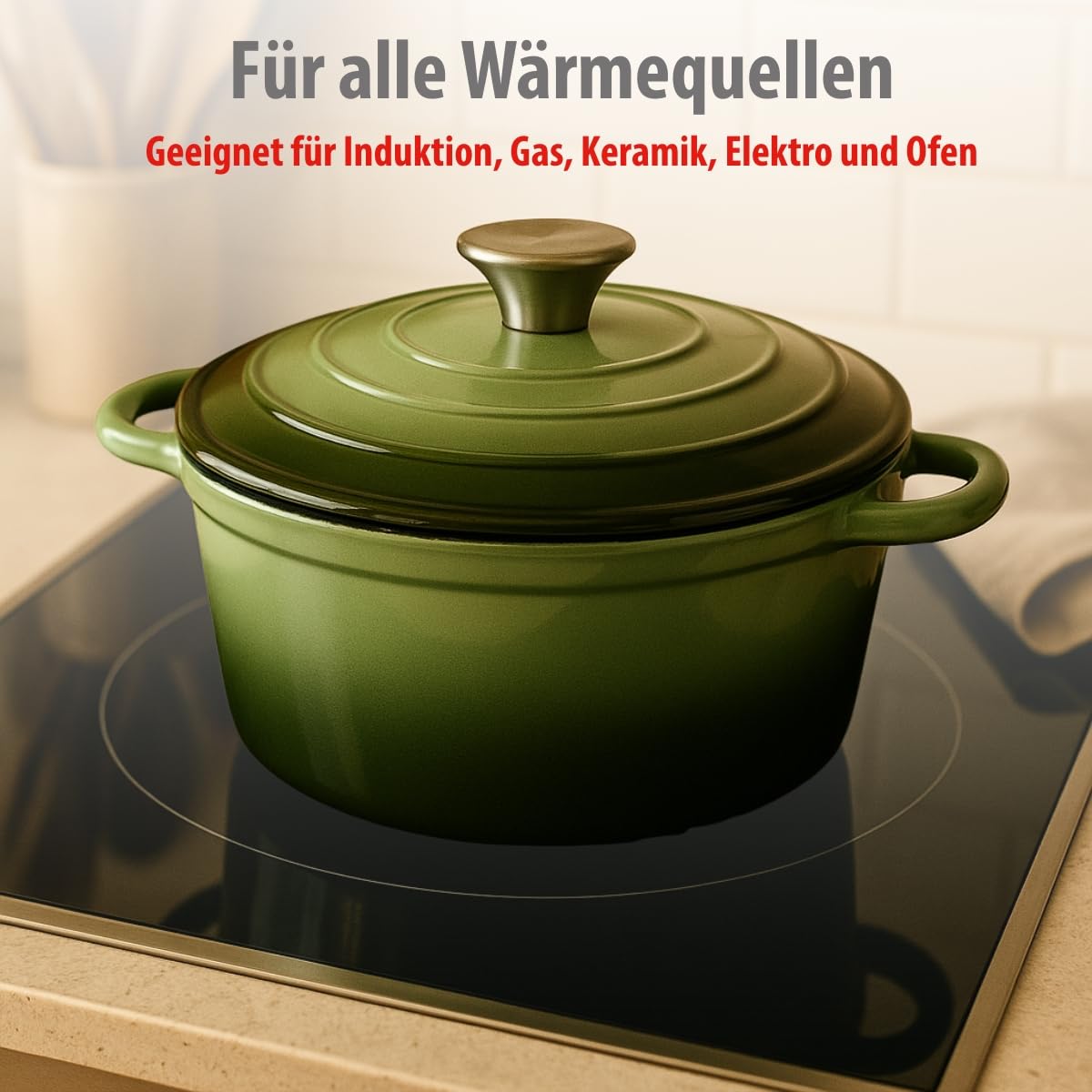 alpina Dutch Oven – Gusseisen Topf Induktion 3,8 L Ø 24 cm - Schmortopf mit Deckel – Gusseisen Bräter Spülmaschinenfest - für Alle Wärmequellen - Grün