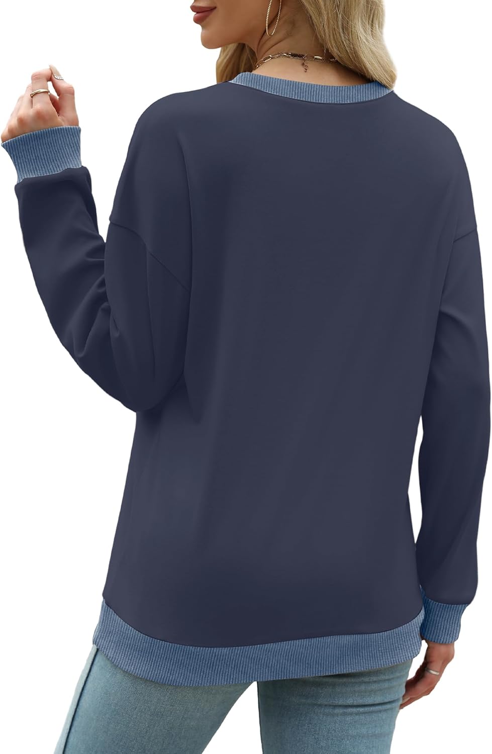 Saloogoe Sweatshirts for Women Crewneck Long Sleeve Loose Fit Tops Color Block Ribbed Trim Fashion 2025 - Image 4
