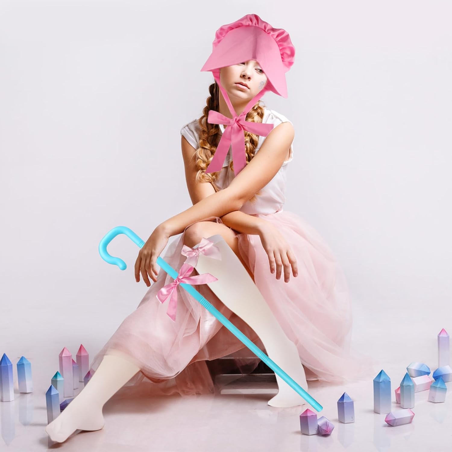 Yewong Halloween Shepherd Costume Set Bonnet Hat Knee High Stocking Hook Staff with Bowtie Shepherdess Accessories for Women Party Dress up - Image 6