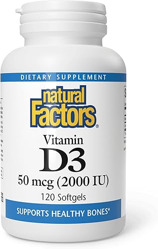 Natural Factors, Vitamina D3 2000 UI (50 mcg), apoya huesos fuertes, músculos y función inmunológica, 120 cápsulas blandas