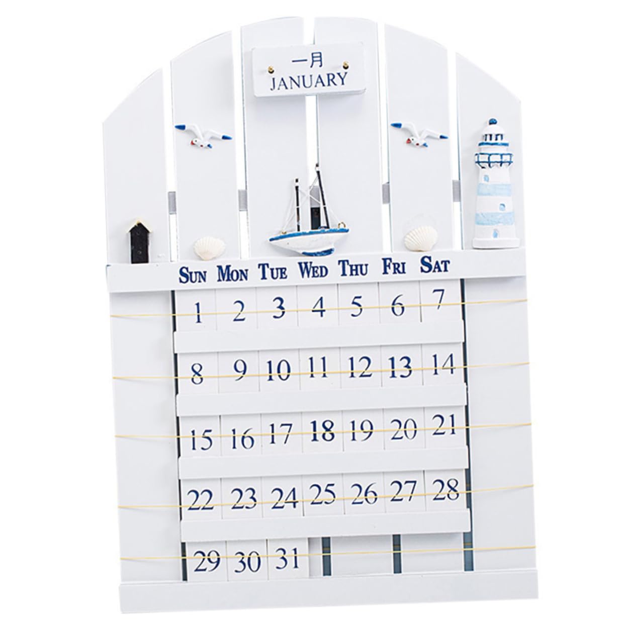 DOITOOL Calendario de Madera Perpetuo Estilo Mediterráneo Diseño Único, Fácil de Cambiar Mes, No se Deforma, Adecuado para Ambientación de Verano en Dormitorio
