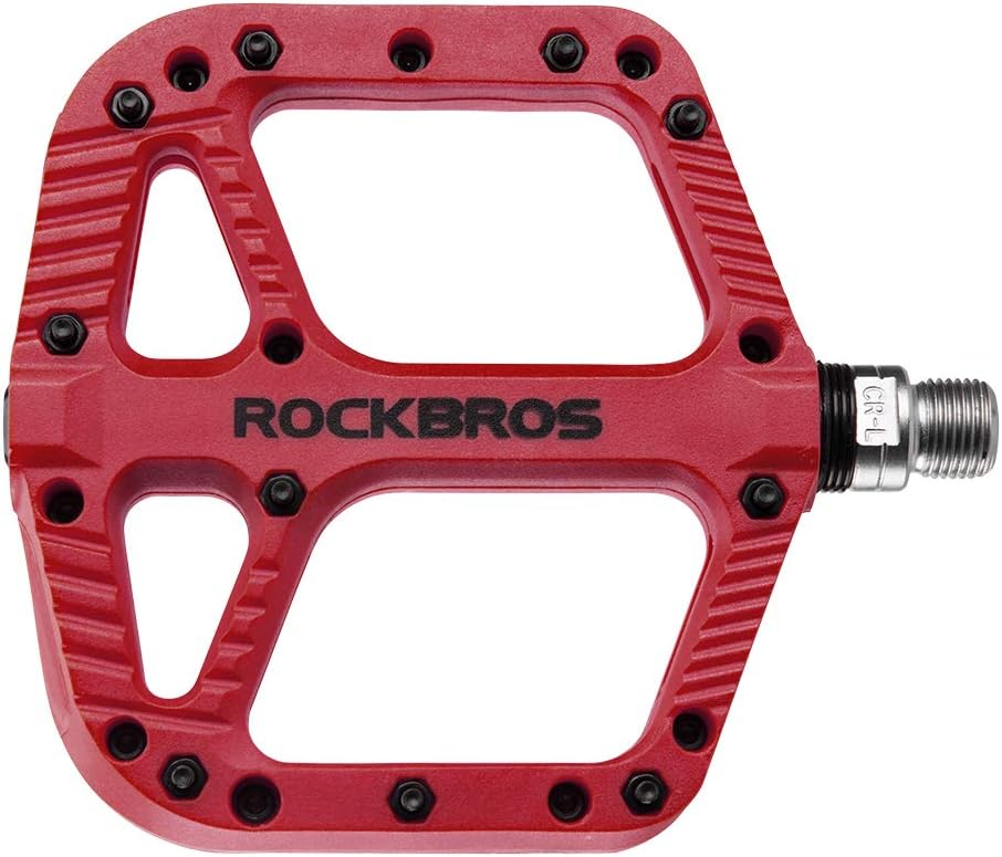 Rockbros Mountain Bike Pedals Nylon Composite Bearing 9/16" Mtb Bicycle Pedals With Wide Flat Platform Red 5.53 Inch L x 4.56 Inch W