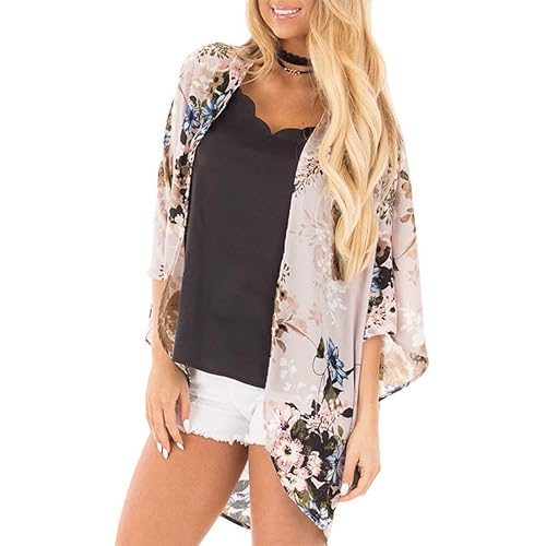 PRETTODAY Women's Summer Floral Print Kimonos Loose Half Sleeve Chiffon Cardigan Blouses Casual Cover Up