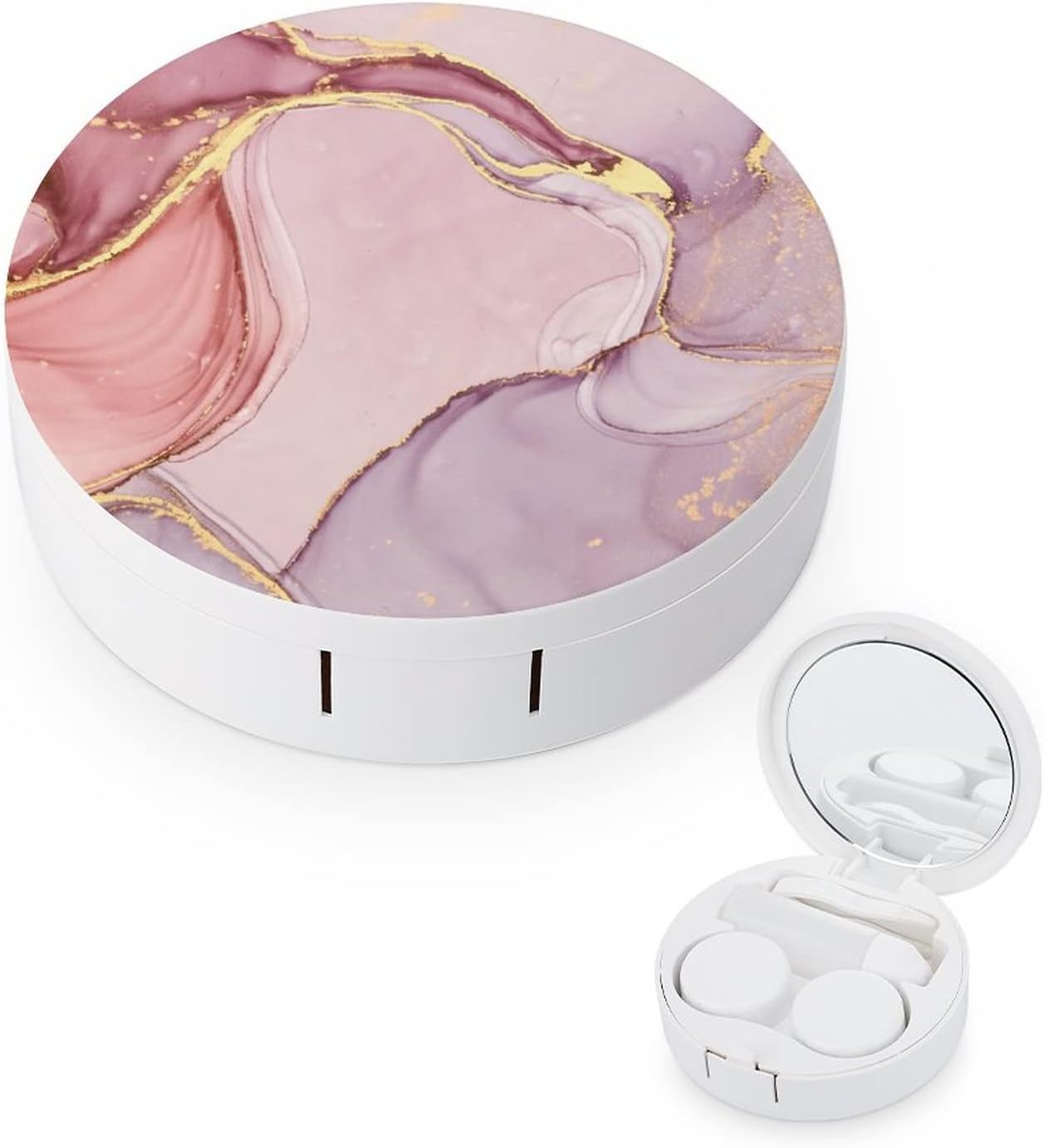 Estuche para lentes de contacto de mármol rosa dorado y rosa, contenedor de color para lentes de contacto con espejo, kit de viaje portátil con