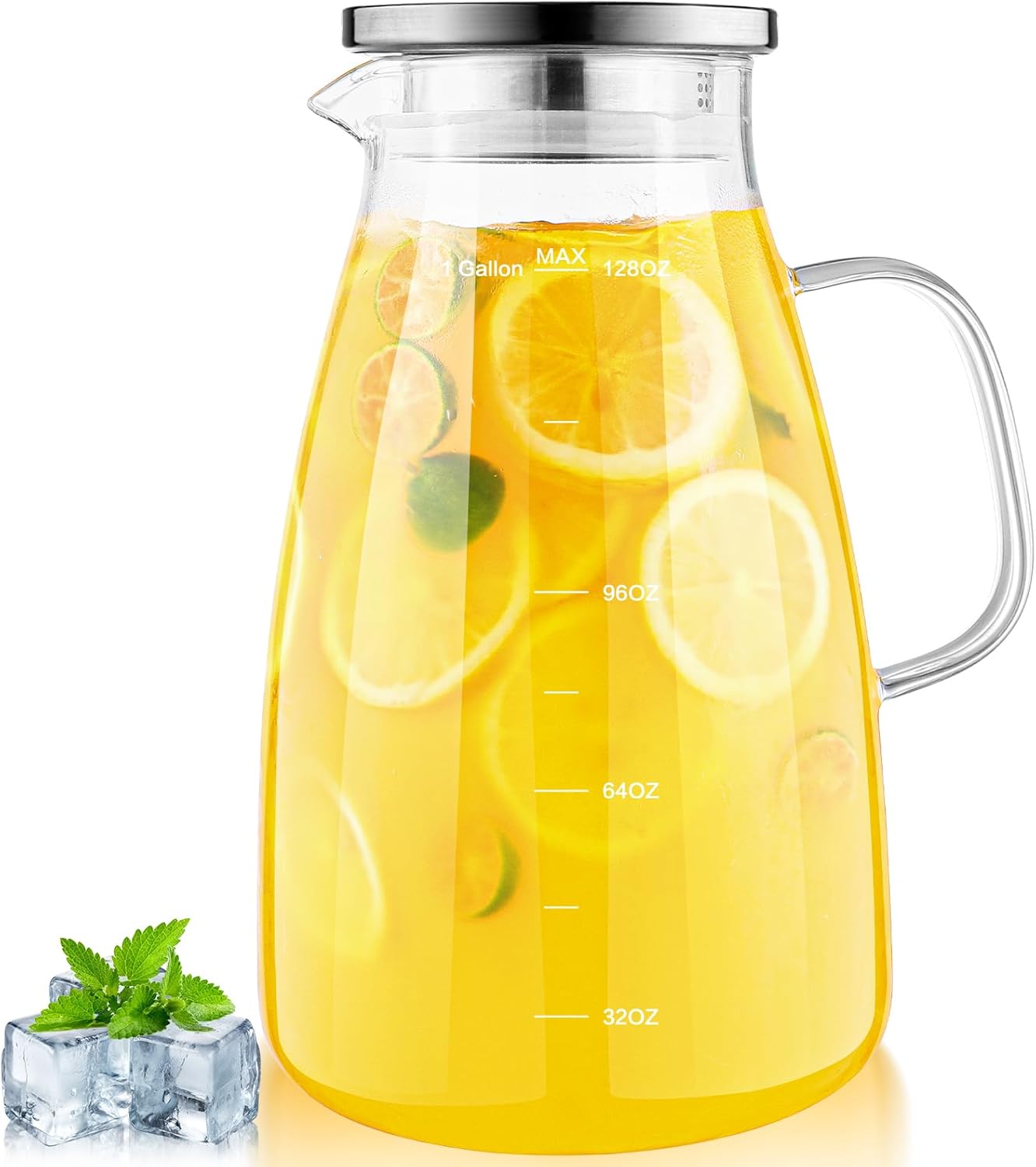 1 gallon 128oz glass pitcher, water pitcher with lid and spout, glass carafe for hot/cold drink, water jug for iced tea, coffee, juice, milk, beverage (extra-wide mouth)
