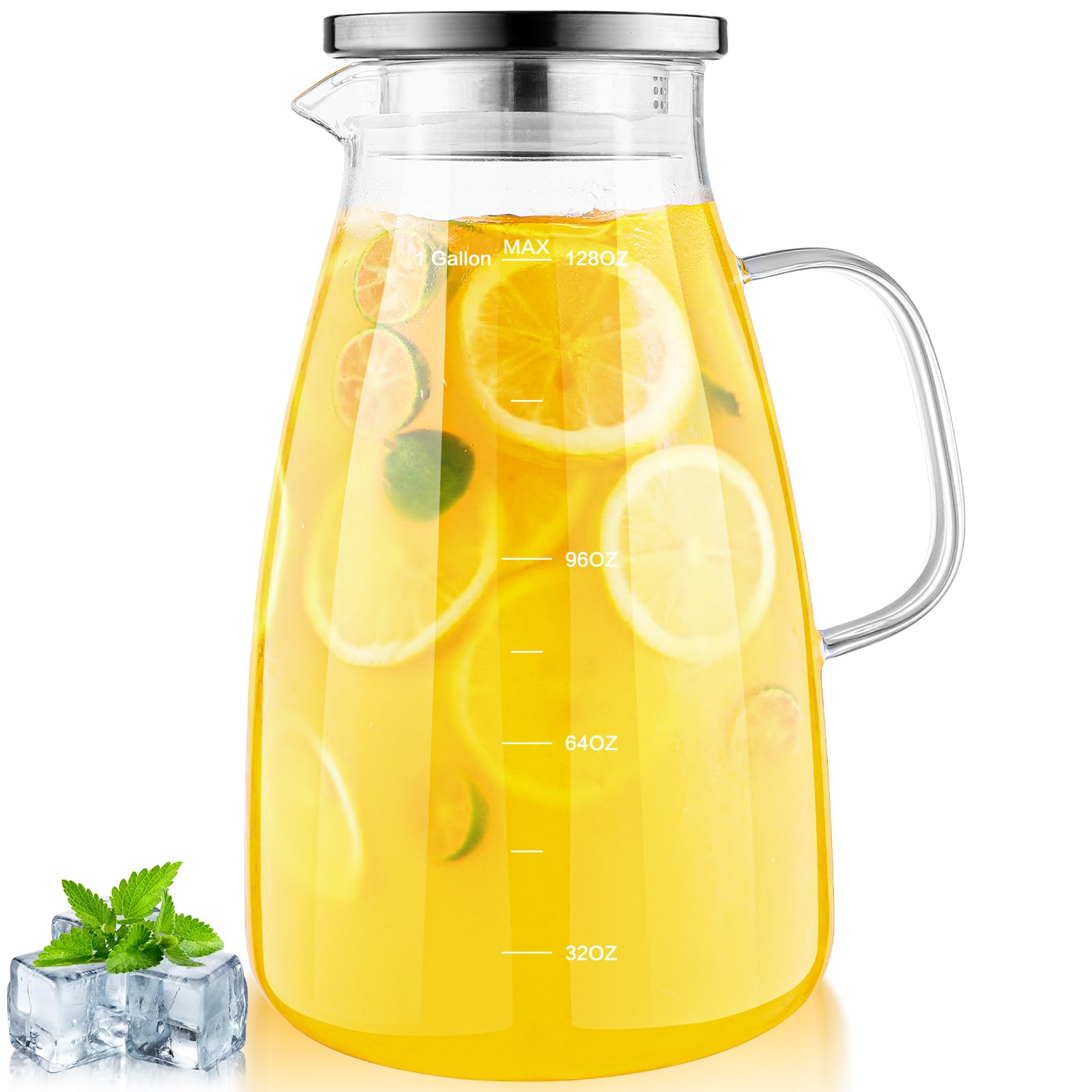 Photo 1 of 1 Gallon 128oz Glass Pitcher, Water Pitcher with Lid and Spout, Glass Carafe for Hot/Cold Drink, Water Jug for Iced Tea, Coffee, Juice, Milk, Beverage (Extra-Wide Mouth)