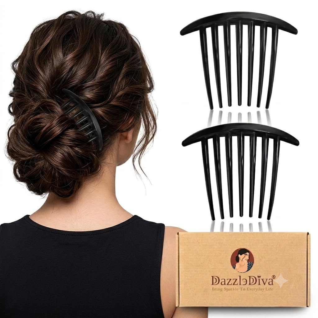 DazzleDiva French Hair Side Combs, 2-Pack Tortoise & Black for Styling Updos 2Pcs