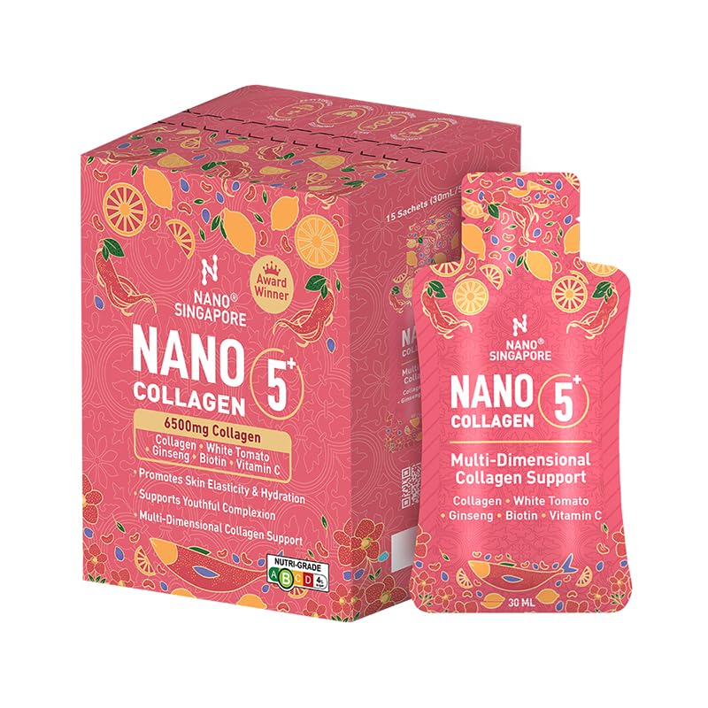 Nano Collagen 5+ Drink 6500mg - 30ml 6-in-1 Multi-dimensional Collagen Complex plus White Tomato Ginseng Biotin & Vitamin C | 15 sachets