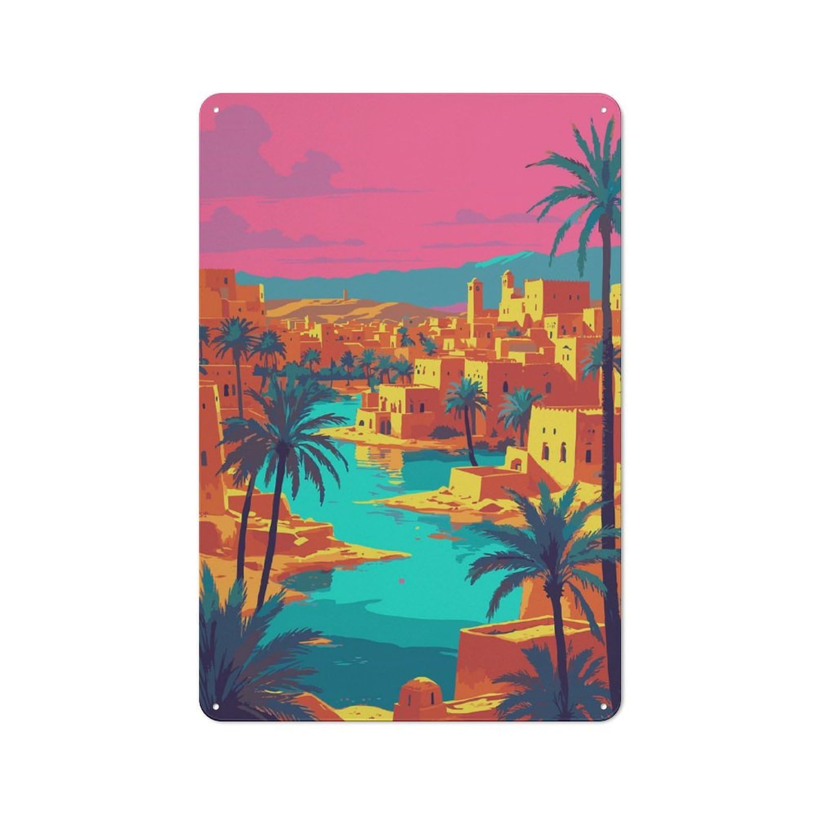 Nostalgic Decorative Tin Sign 30x20cm Featuring Vibrant Desert Oasis Cityscape Illustration, Old Style Wall Plaque for Kitchen, Hallway, Bar Or Small Cafe