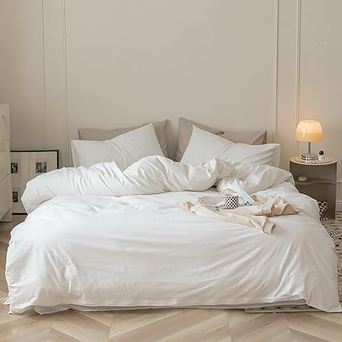 Luxlovery - Juego de edredón color blanco tamaño individual, juego de ropa de cama de 3 piezas, color blanco liso, suave, transpirable, para cama