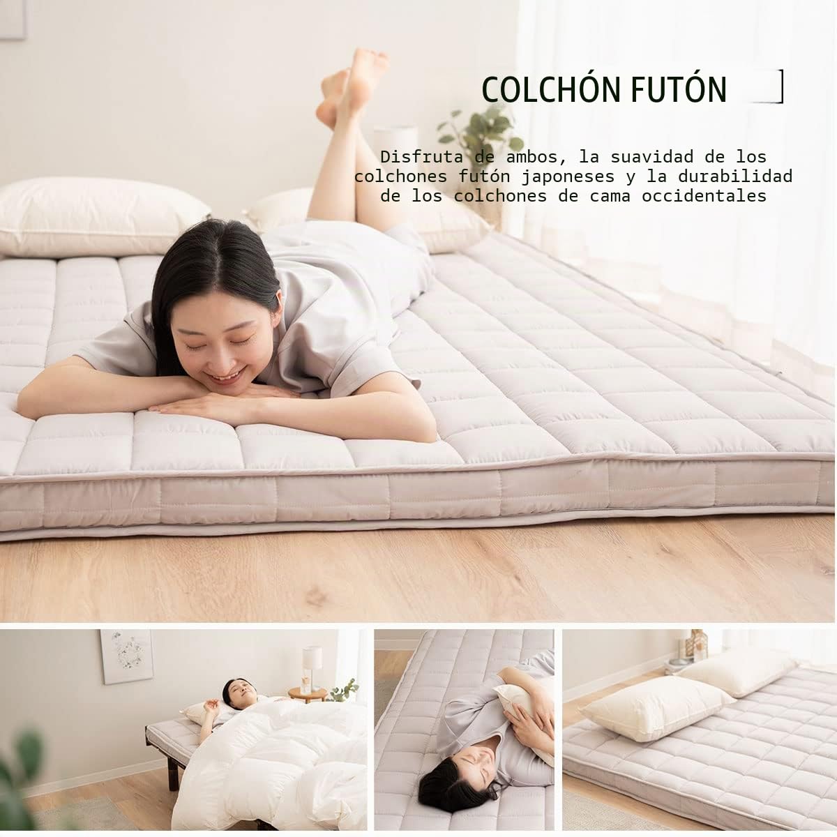 EMOOR Futón Japonés Plegable (Japanese Folding Futon Mattress) Acolchado Machi 140 x 202 cm Gris, Plegable con Correas Elásticas para Dormir en el Suelo Cama de Invitados Tatami
