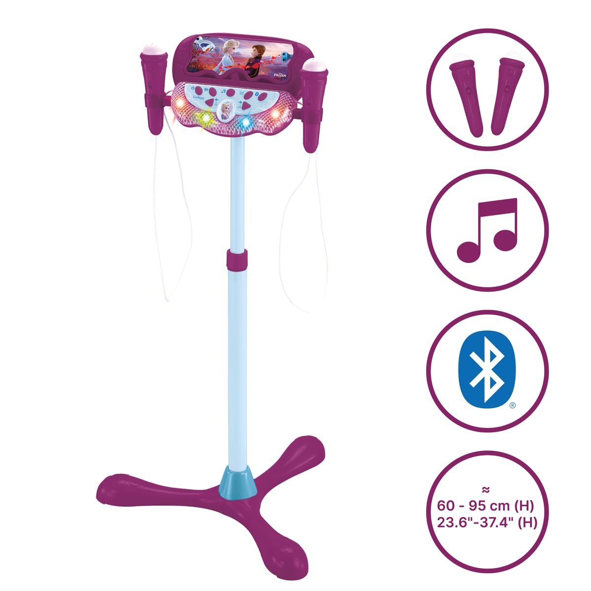 Lexibook Frozen La Reine des Neiges Enceinte Lumineuse sur Pied pour Enfant, Jeu Musical, Hauteur Ajustable, Effets Lumineux, 2 Microphones Inclus, Prise pour MP3, Prise Aux-in, Violet/Bleu, S160FZ