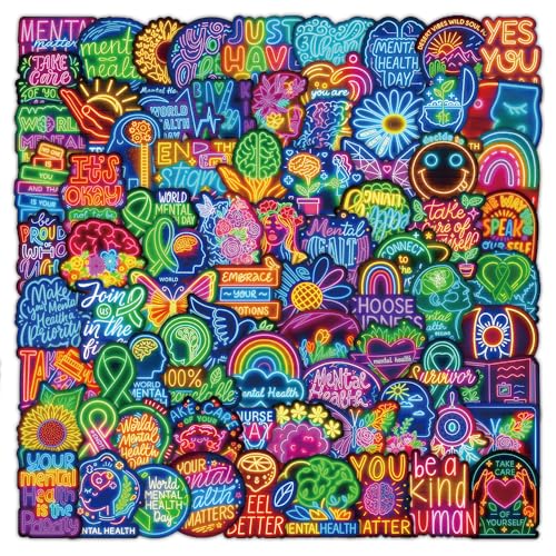 120PCS Neon Mental Health Stickers Gifts for Teens Adults Mental Health Matters Awareness Items Waterproof Vinyl Decals for Laptops Water Bottles Helmet Doctor Reward Stickers Therapist Office Decor