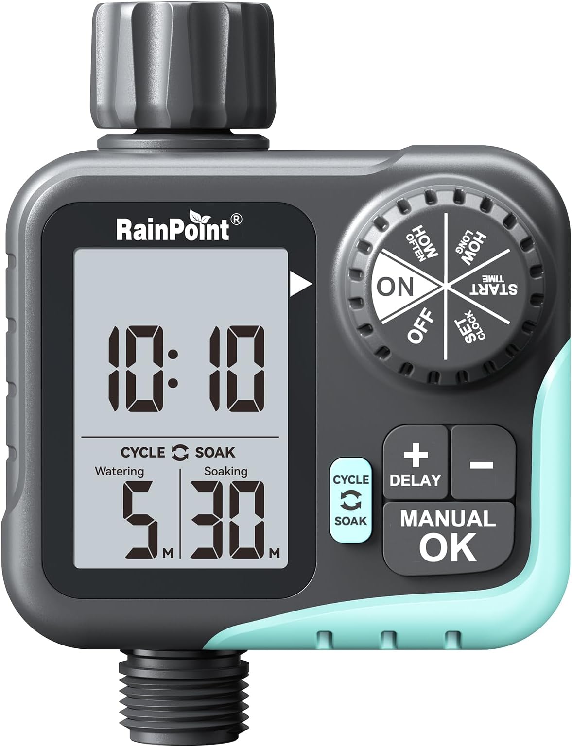 - RAINPOINT Sprinkler Timer - Cycle & Soak Hose Timer for Garden Hose with Automatic Watering/Manual Watering/Rain Delay, Programmable for Irrigation System, Lawn, Yard, Outdoor