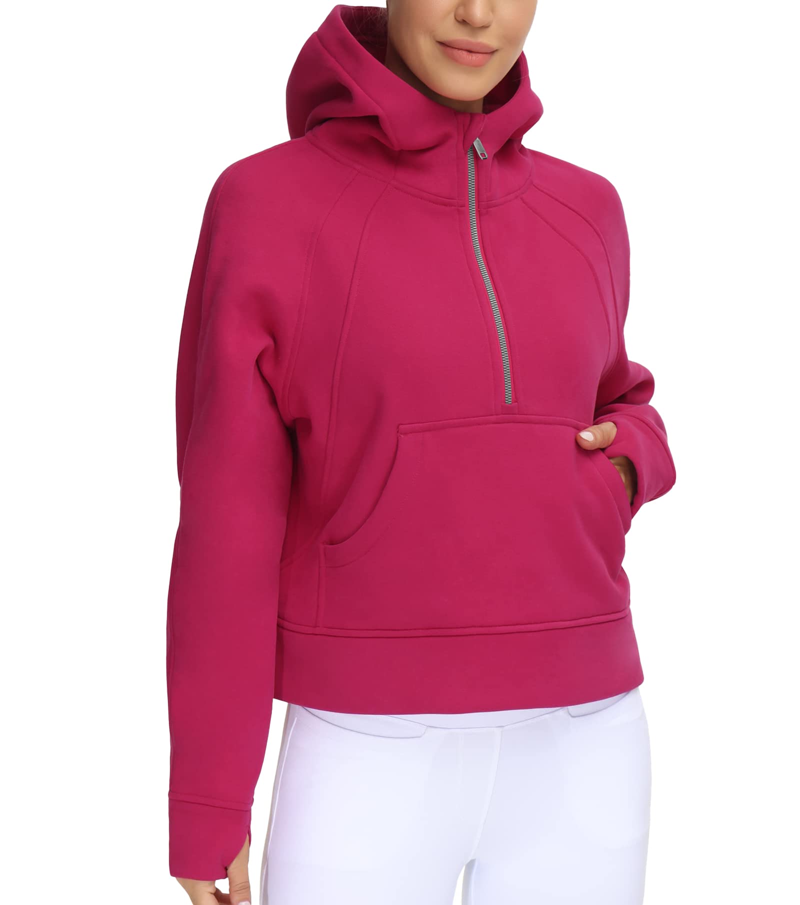 THE GYM PEOPLE Women's Half Zip Hoodies Long Sleeve Fleece Lined Crop Pullover Sweatshirts with Pockets Thumb Hole