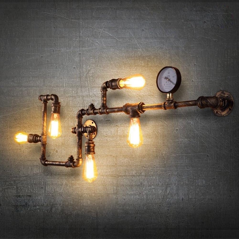 BLOOHK Industrial Water Pipe Wall Light, Retro Steampunk Iron Wall Sconce with Pressure Gauge, Antique Bronze Plumbing Pipe Fixture for Bar, Cafe, Loft