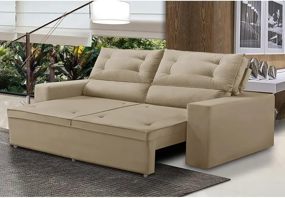 Sofá Retrátil e Reclinável 3 lugares com Molas 1,80m Lais Suede Bege Adonai Estofados