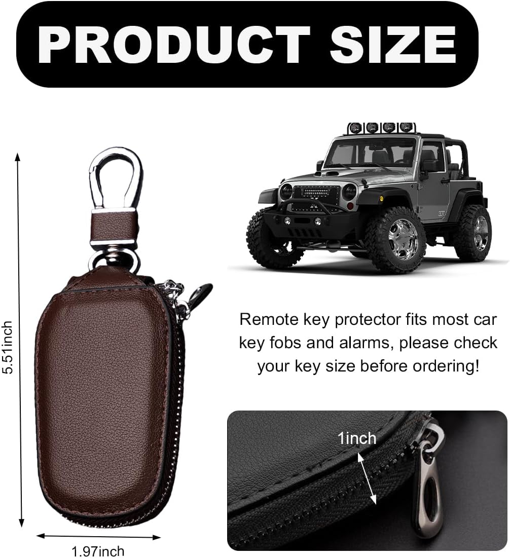Wevdn Car Key Case, Genuine Leather Auto Smart Key Fob Holder with Metal Hook, Anti Scratch Automotive Key Protector Key Chain Zipper Bag for Remote Key Fob, Car Accessories (Coffee) image 2