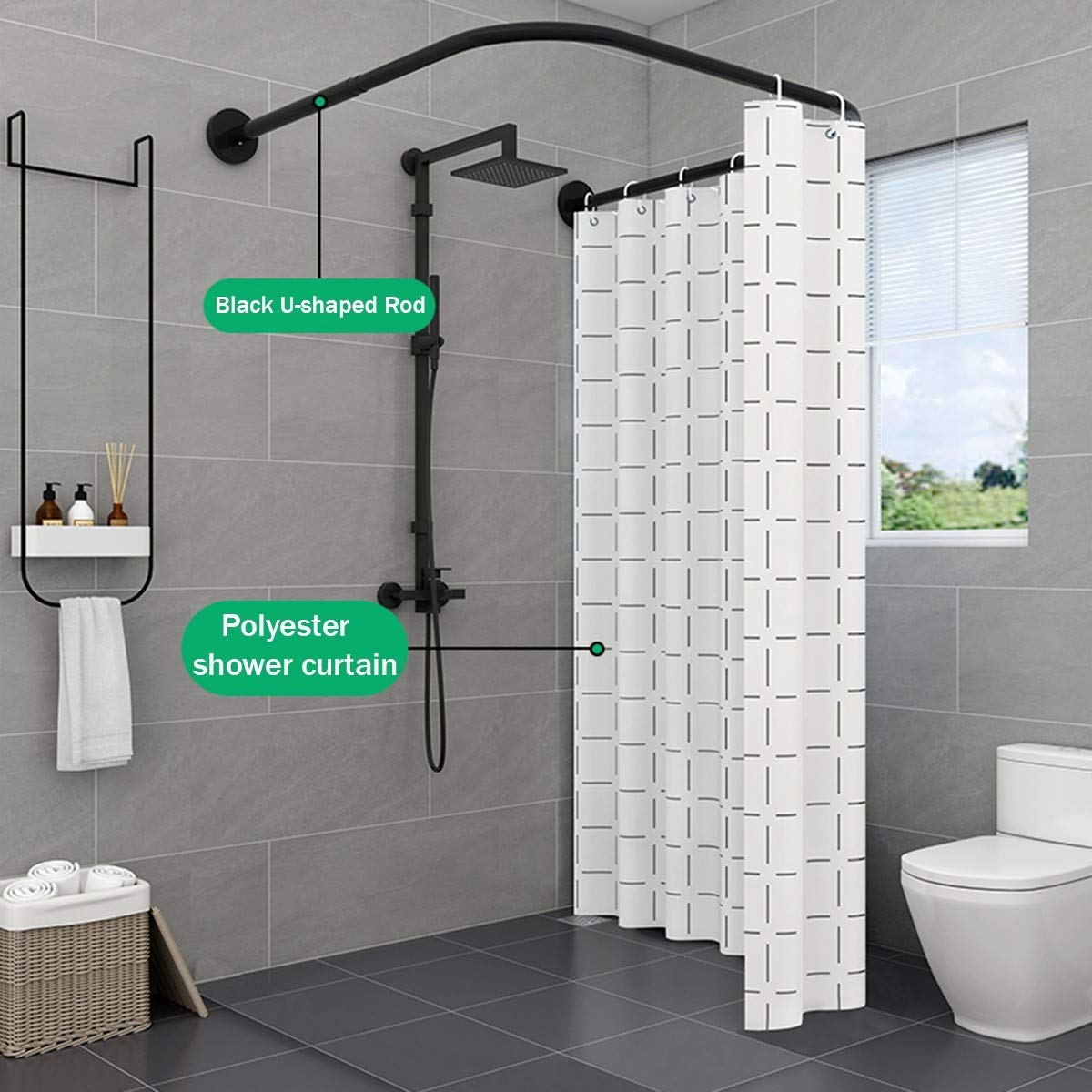 Barra de ducha curvada ajustable, soporte para barra de ducha sin taladro, para baño, vestidor, tienda de ropa al aire libre, fácil instalación, diseño que ahorra espacio
