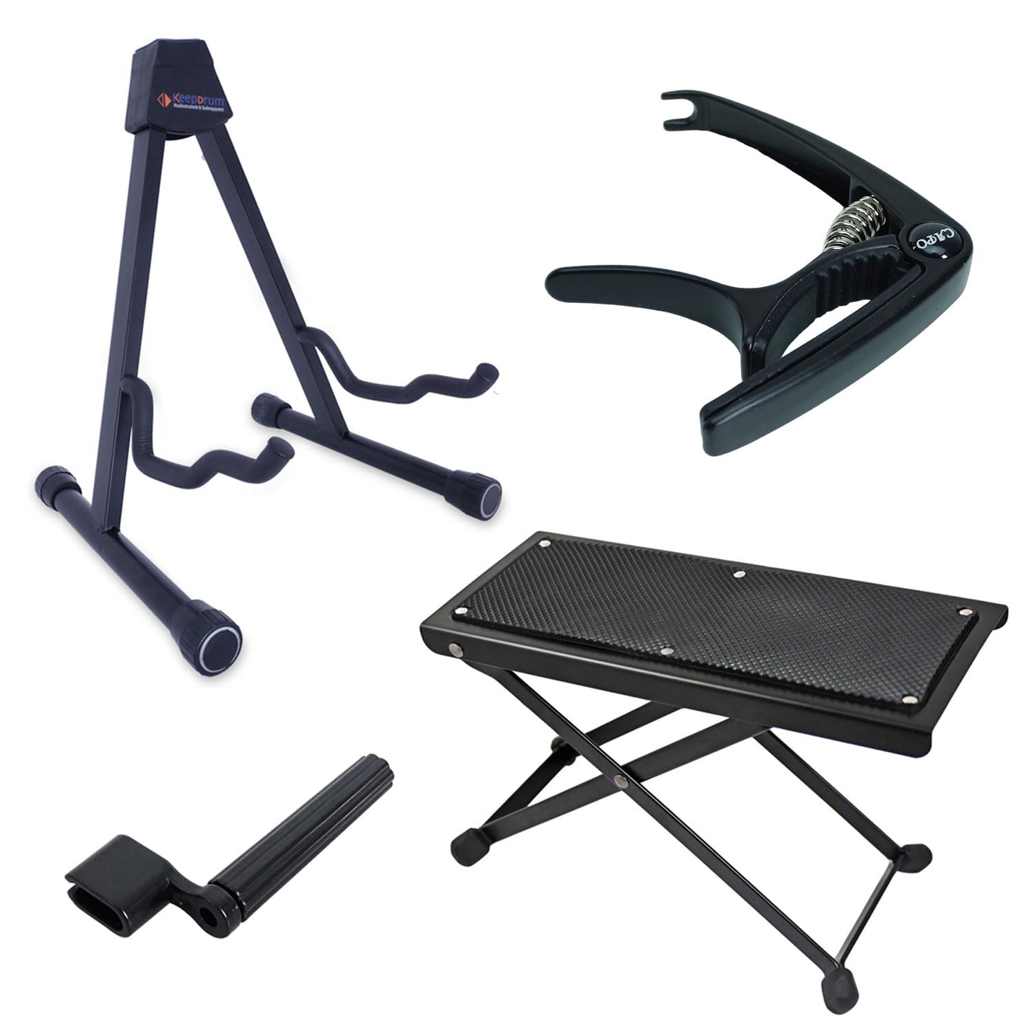 Keepdrum Gitarren-Zubehör-Set Gitarren-Ständer, Fußbank, Saitenkurbel, Kapodaster