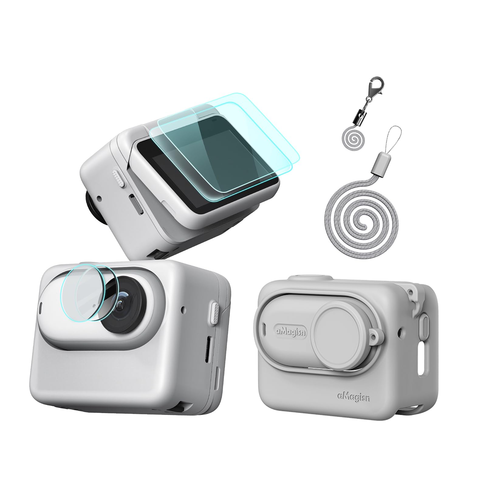 Rszfnjxry Silicone Protective Cover Case,Screen and Lens Protector for Insta360 GO 3S (Grey)