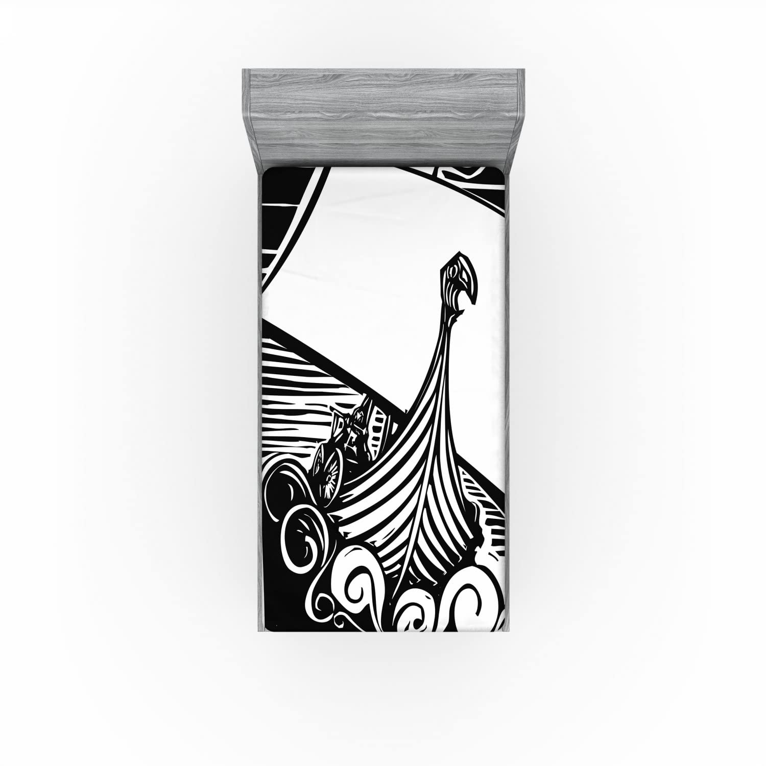 Ambesonne Nordic 2 Pack Fitted Sheet, Viking Longboat on Waves, Bed Cover All-Round Elastic Deep Pockets 2 Pieces, Package Contains 2 Twin Size Fitted Sheets, Charcoal Black