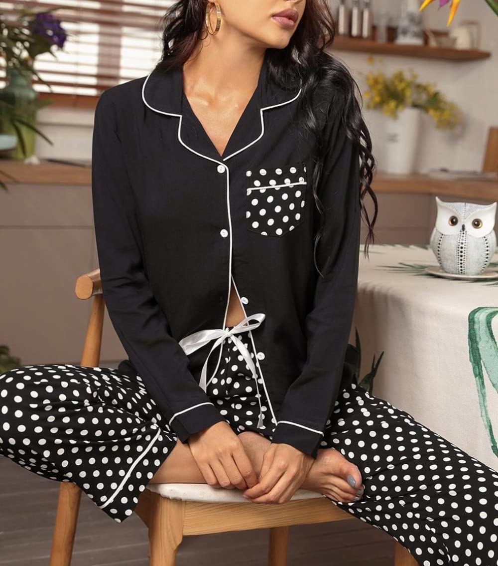 Ensembles De Pyjama Femme,Revers Noir À Pois Motif Polyester À Manches Longues Ensemble De Vêtements De Nuit Femmes Deux Pièces Pyjama Doux Classique Décontracté Loungewear Cadeau pour Femme P