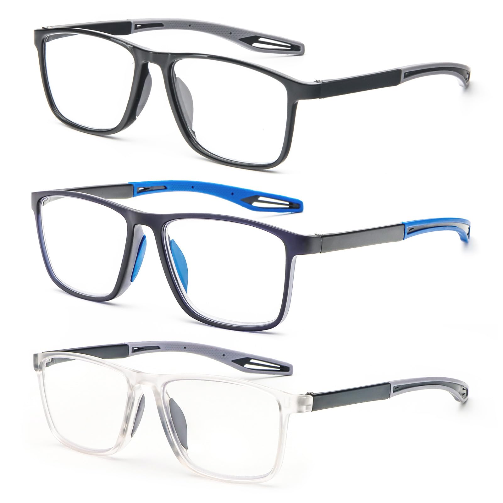 MMOWW 3er-pack Lesebrille Herren Damen Sportliches - Anti-blaue Ultraleicht TR90 Rahmen Computerbrille Arbeits Lesehilfe (Grau+Blau+Transparent, +1.5)