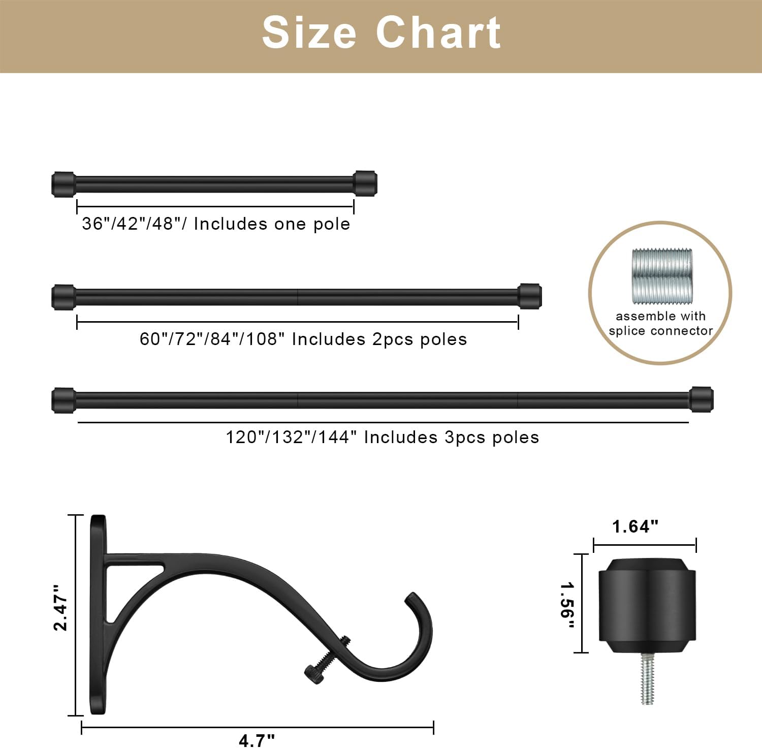 Curtain Rods, Non-Adjustable Drapery rod for Window, 1IN Diam 72INCH/6 Foot Fixed Length Rod with Aluminum End Caps and Brackets, Matte Black