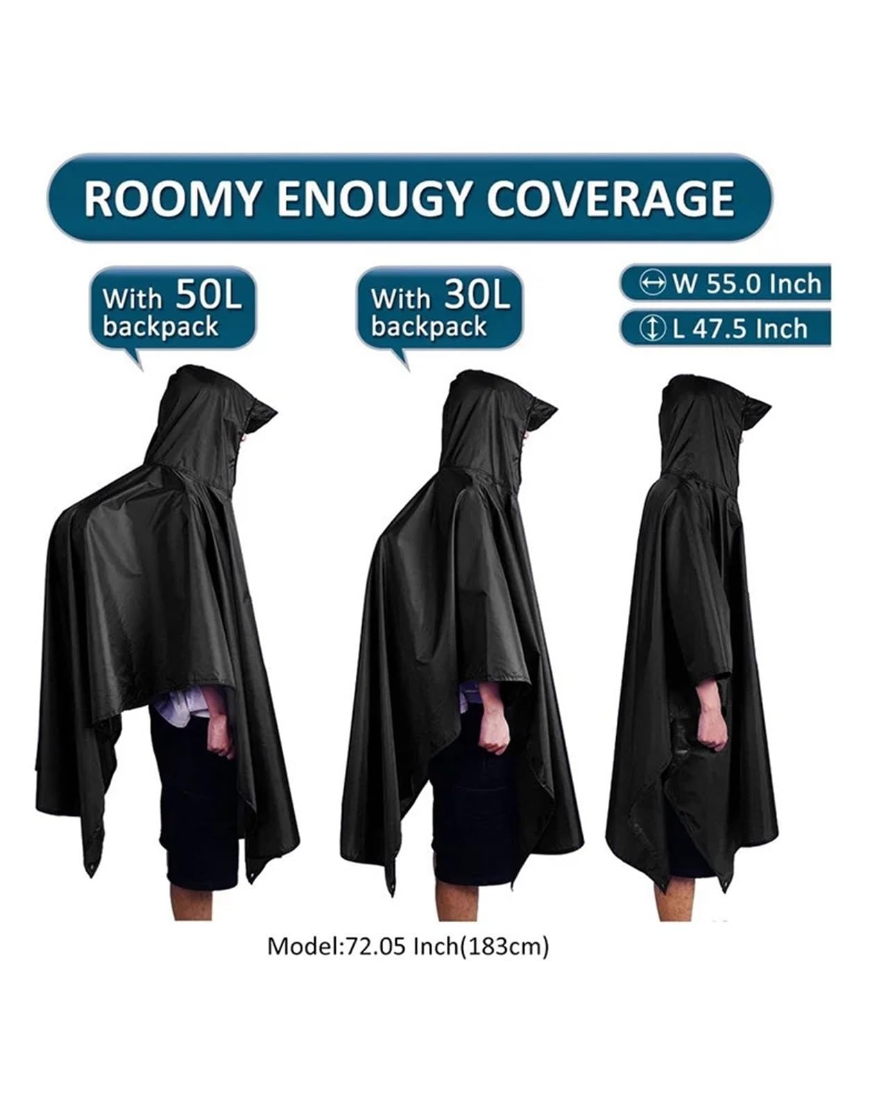 1 pz Poncho antipioggia impermeabile con cappuccio e maniche, for moto, for campeggio, escursionismo, viaggi, tenda, 3 in