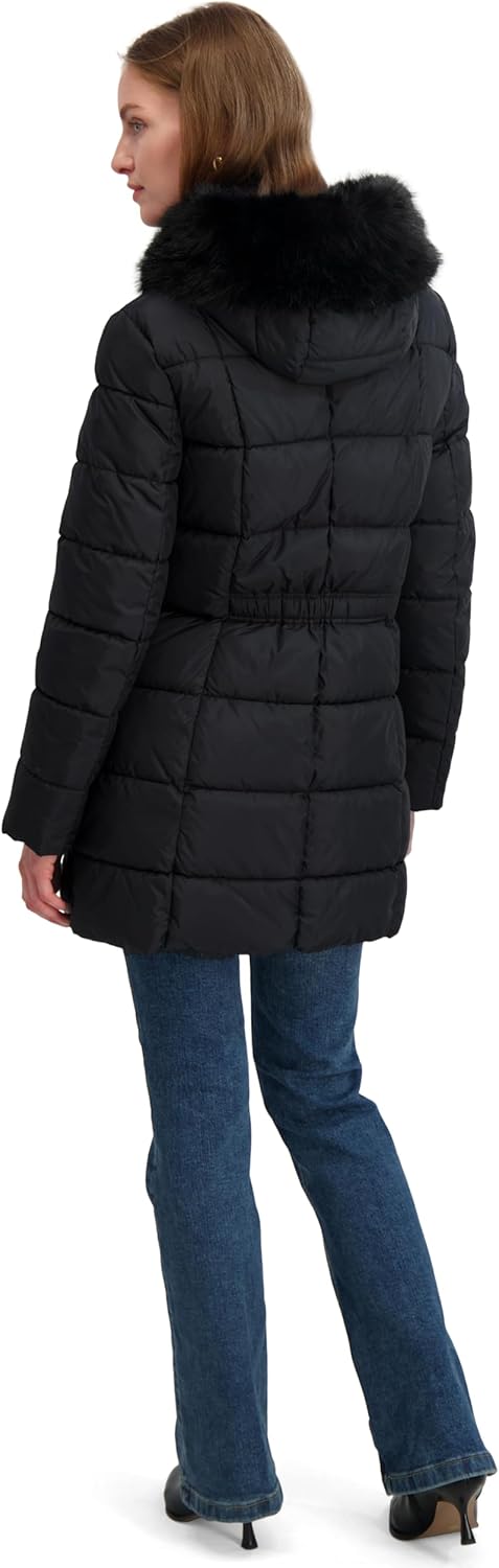 TAHARI Women's Fitted Quilted Puffer Coat With Attached Hood, Faux Fur Trim & Hand Warmer Pockets - Image 3