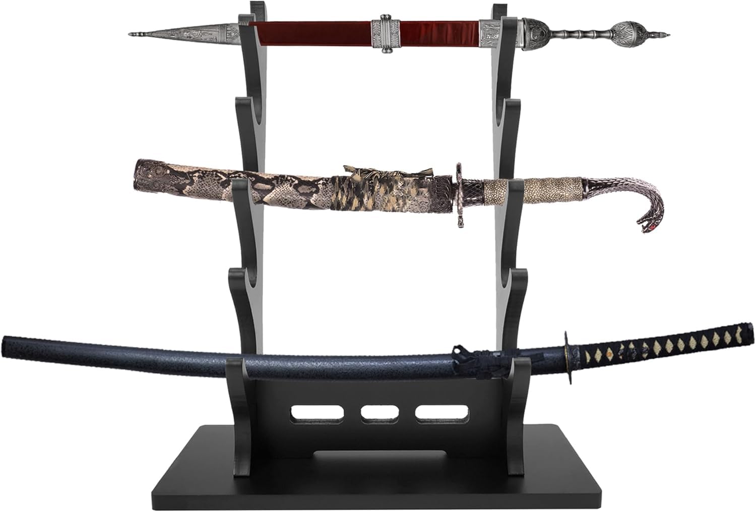 petour Sword Stand Holder 5 Tiers 31 x 11.5 x 37cm Katana Stand Desktop Samurai Sword Display Rack Wooden Wizard Wand Stands Easy to Install for Small Swords Collection Table Display Black